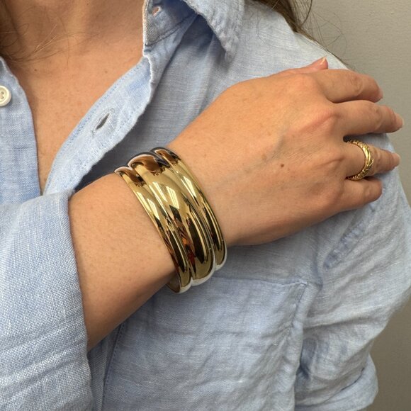 Chunky Cuff Bangle | Sculpted Curvy Line Bracelet | 14K Gold-Plated Silver - Picture 5 of 6